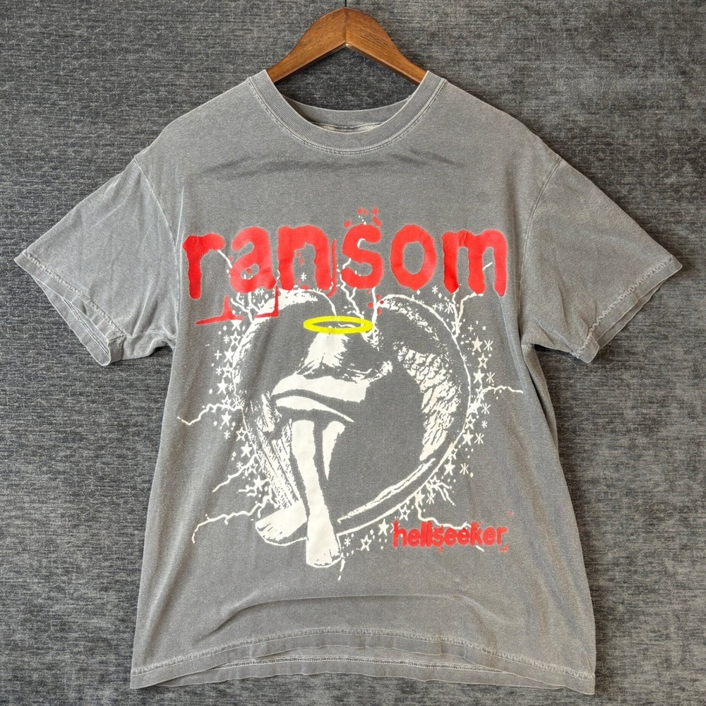 Ransom Hellseeker Graphic T-Shirt Mens Large Gray Mineral Wash Angel Streetwear